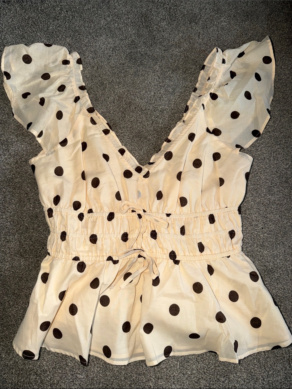 Women’s Polka Dot Ruffle V-Neck Blouse - Cream with Brown Dots
